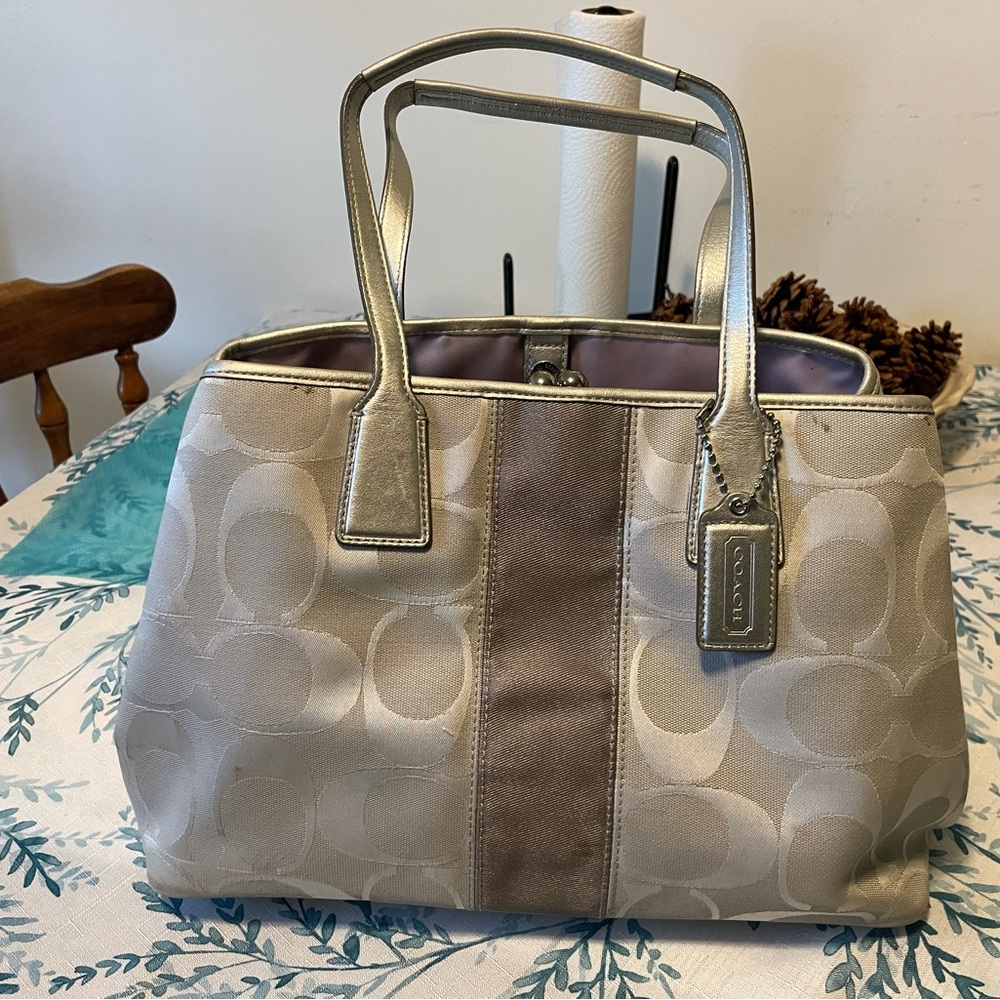 Authentic coach signature grey striped shoulder bag